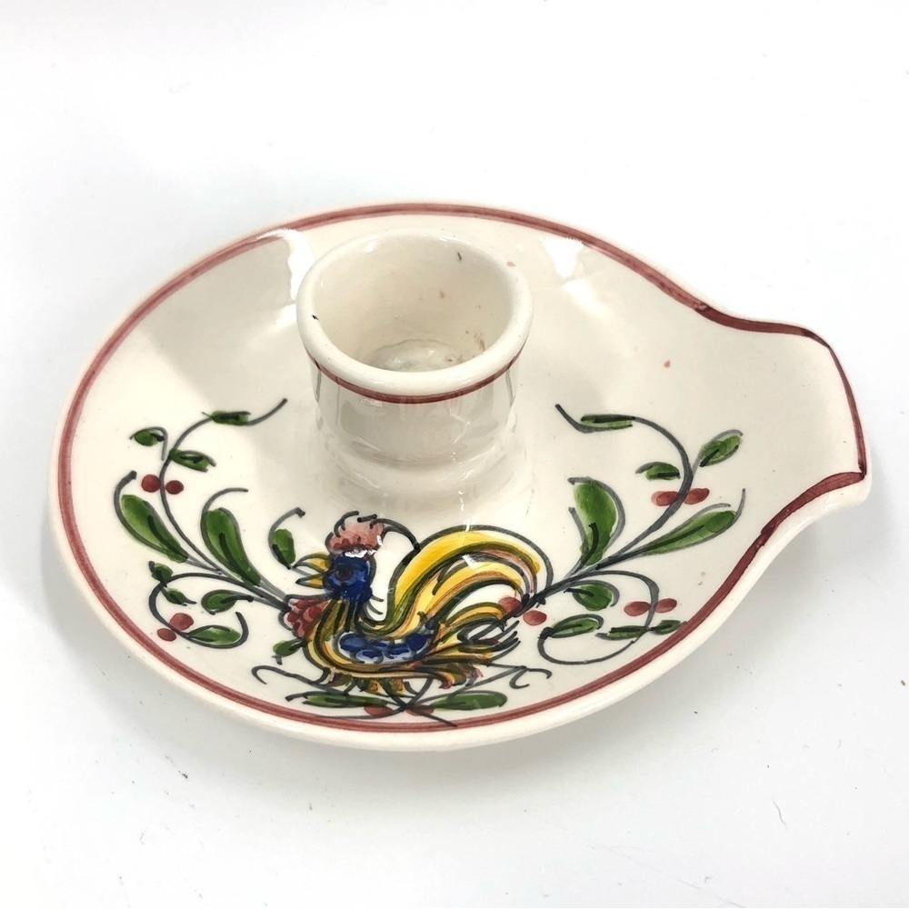 Anfora Agueda Hand Painted Rooster Candle Holder Portugal Chamberstick Signed